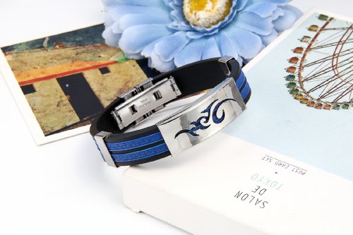 JewelryWe Joyas Pulsera de Hombre Tótem Llama Fuego Llama Brazalete Biker Azul, Pulsera de Silicona Acero Inoxidable, Elegante Adorno de Verano