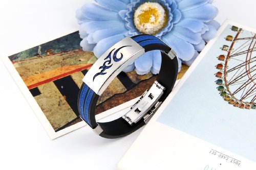 JewelryWe Joyas Pulsera de Hombre Tótem Llama Fuego Llama Brazalete Biker Azul, Pulsera de Silicona Acero Inoxidable, Elegante Adorno de Verano