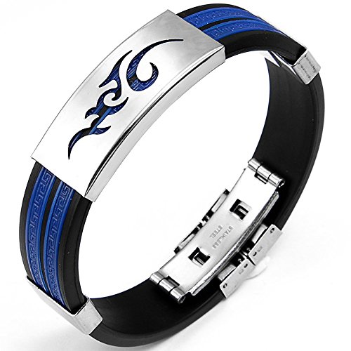 JewelryWe Joyas Pulsera de Hombre Tótem Llama Fuego Llama Brazalete Biker Azul, Pulsera de Silicona Acero Inoxidable, Elegante Adorno de Verano