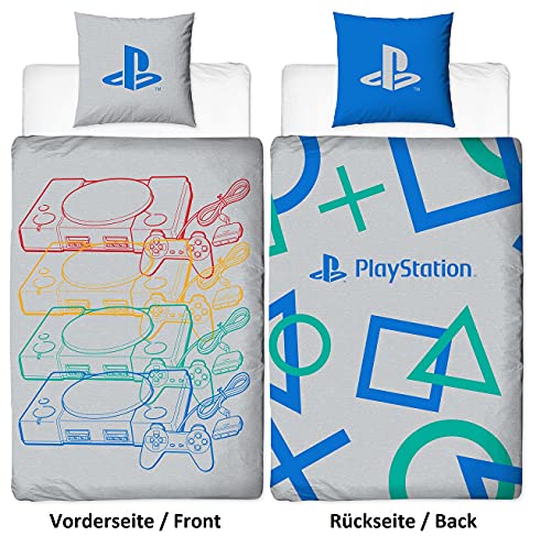 Juego de ropa de cama reversible con diseño de Playstation | 135 x 200 cm + 80 x 80 cm | 100% algodón | Diseño de consola retro | Ropa de cama para niños gris y azul