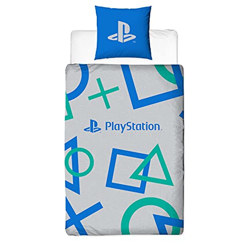 Juego de ropa de cama reversible con diseño de Playstation | 135 x 200 cm + 80 x 80 cm | 100% algodón | Diseño de consola retro | Ropa de cama para niños gris y azul