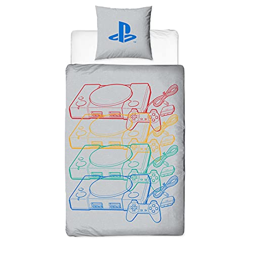 Juego de ropa de cama reversible con diseño de Playstation | 135 x 200 cm + 80 x 80 cm | 100% algodón | Diseño de consola retro | Ropa de cama para niños gris y azul