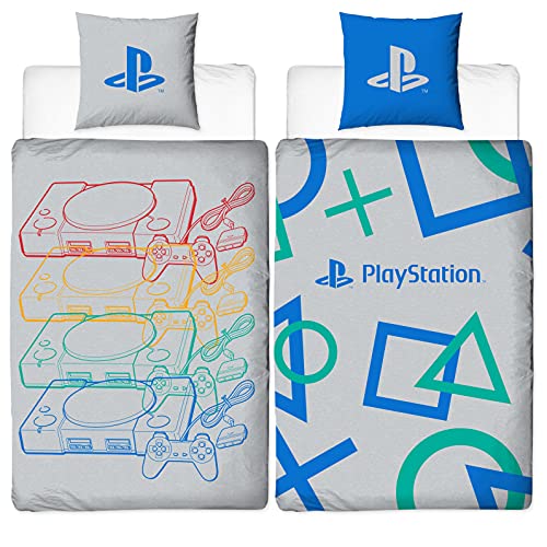 Juego de ropa de cama reversible con diseño de Playstation | 135 x 200 cm + 80 x 80 cm | 100% algodón | Diseño de consola retro | Ropa de cama para niños gris y azul