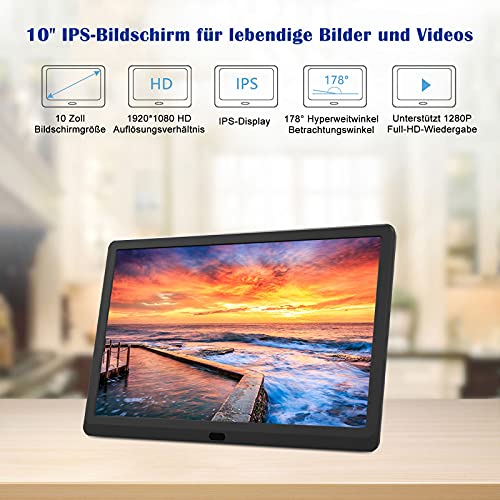 Kenuo Marco Digital 10 Pulgadas, Marco de Fotos Digital IPS Pantalla Full HD 16:10 Resolución 1920 * 1080,Reproductor de Música/Video/Despertador/Calendario,Marcos Digitales con Control Remoto Negro