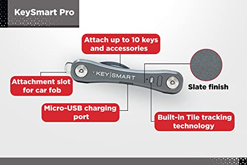 KeySmart Pro - Llavero Compacto con Linterna LED y Tecnología Smart Tile. Rastrea Tus Llaves y teléfono extraviado con Bluetooth (hasta 10 Llaves, Pizarra)