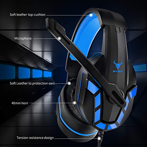 Kikc PS-4 Auriculares Gaming para PS4，Xbox One, Auriculares de 3,5 mm con Micrófono Flexible y Control de Volumen para PC, Mac, Portátil, Nintendo Switch, Videojuegos, (Negro + Azul)