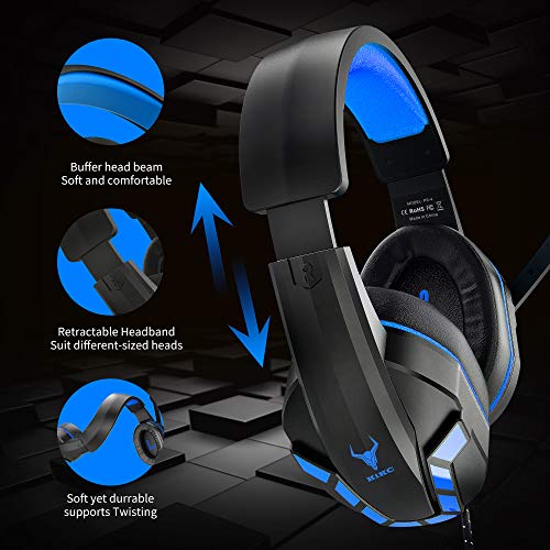 Kikc PS-4 Auriculares Gaming para PS4，Xbox One, Auriculares de 3,5 mm con Micrófono Flexible y Control de Volumen para PC, Mac, Portátil, Nintendo Switch, Videojuegos, (Negro + Azul)