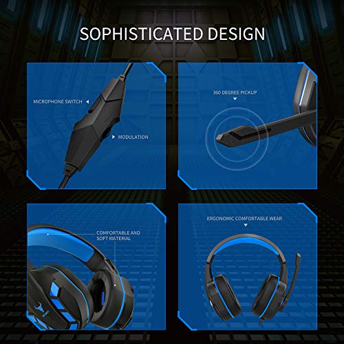 Kikc PS-4 Auriculares Gaming para PS4，Xbox One, Auriculares de 3,5 mm con Micrófono Flexible y Control de Volumen para PC, Mac, Portátil, Nintendo Switch, Videojuegos, (Negro + Azul)
