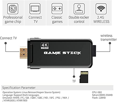 KINMRIS 4K USB Wireless Console Game Stick, consola de videojuegos para PS1/GBA/SNES/MAME Retro TV consola de juegos compatible con HDMI 32GB 3000 juegos Video Game Stick