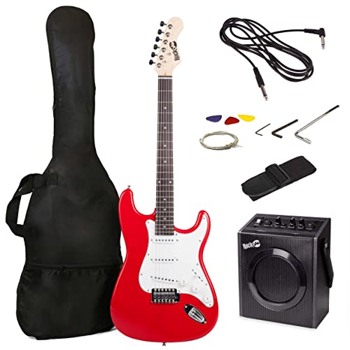 Kit de guitarra eléctrica RockJam de tamaño completo con amplificador de guitarra de 20 vatios, lecciones, correa, estuche, púas, trémolo, cuerdas de plomo y de repuesto - Explosión Azul