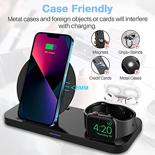 KKM Cargador inalámbrico 3 en 1, estación de Carga inalámbrica, Soporte de Carga rápida de 10 W Compatible con Apple Watch SE/6/5/4/3/2/1, AirPods 1/2/Pro, iPhone 13/12/11/XR/XS Series