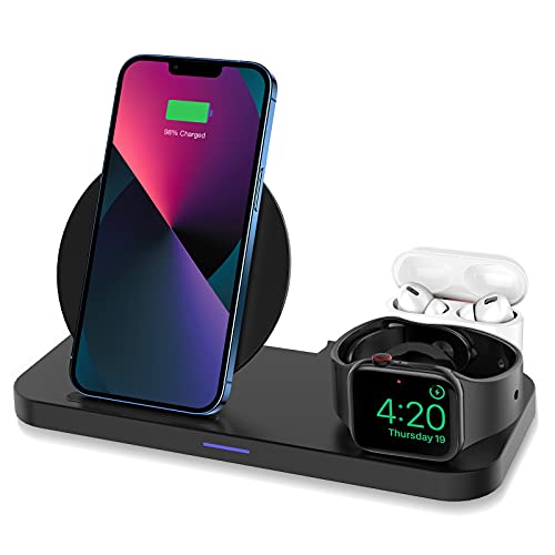 KKM Cargador inalámbrico 3 en 1, estación de Carga inalámbrica, Soporte de Carga rápida de 10 W Compatible con Apple Watch SE/6/5/4/3/2/1, AirPods 1/2/Pro, iPhone 13/12/11/XR/XS Series