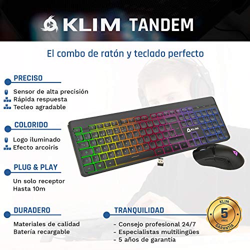 KLIM Tandem - Kit Teclado y Ratón Inalámbrico Gaming ESPAÑOL + Teclado y ratón gaming Ligero, Duradero, Ergonómico + Batería de larga duración + Retroiluminado para PC Mac PS4 Xbox One + Nuevo 2022