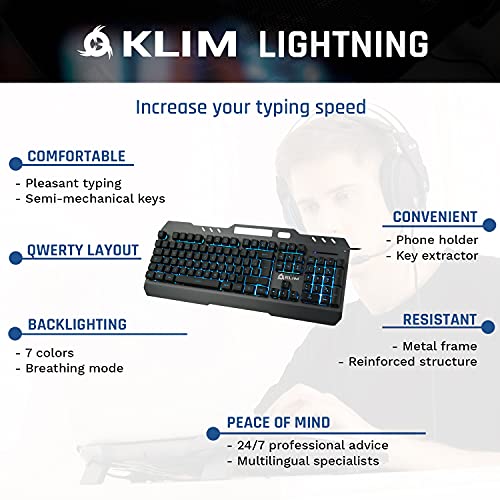 ⭐️KLIM Teclado QWERTY UK - Nueva Versión - Teclado Híbrido Semi-Mecánico + Elección de 7 Colores + GARANTÍA 5 Años - Estructura de Metal - Teclado Gamer Gaming Juegos Video PC PS4 Windows, Mac