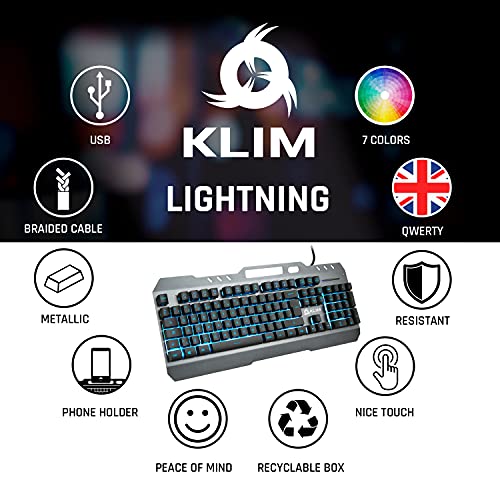 ⭐️KLIM Teclado QWERTY UK - Nueva Versión - Teclado Híbrido Semi-Mecánico + Elección de 7 Colores + GARANTÍA 5 Años - Estructura de Metal - Teclado Gamer Gaming Juegos Video PC PS4 Windows, Mac