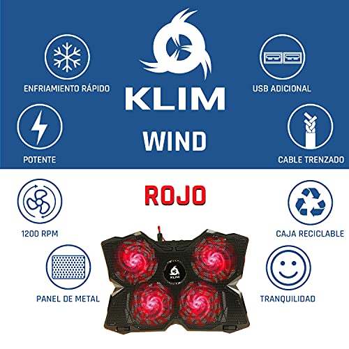 KLIM Wind + Base de refrigeración para portátil + La más Potente + Refrigerador portátil de 4 Ventiladores a 1200 RPM con Soporte + Compatible con Todos los tamaños + Roja + Nueva VERSIÓN 2022