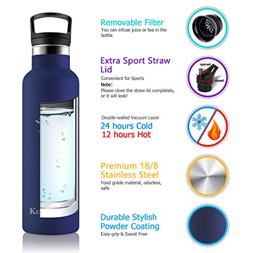 KollyKolla Botella de Agua Acero Inoxidable, Termo Sin BPA Ecológica Reutilizable, Botella Termica con Pajita y Filtro, Water Bottle para Niños & Adultos, Deporte, Oficina, Yoga, (750ml Azul Marino)