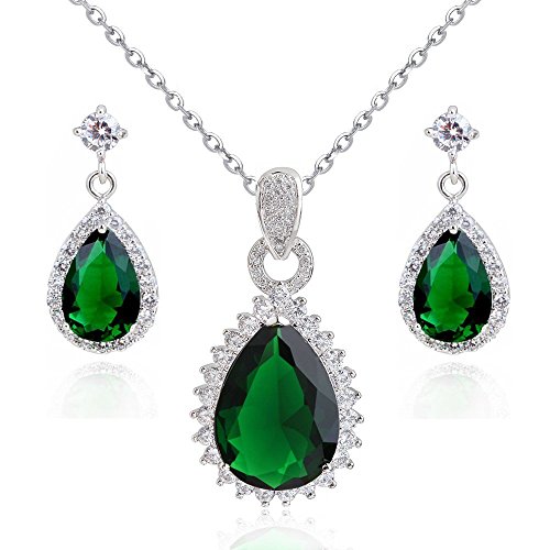 Lágrimas Esmeralda simulada Verde Cristales austríacos de Zirconia Juego de Joyas Collar con Colgante 45 cm Pendientes 18k Chapado en Oro Blanco