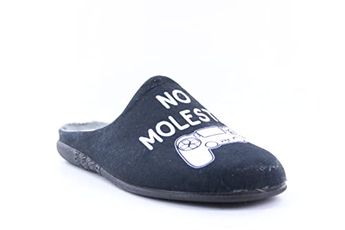 Lares - Zapatillas Casa para Hombre Color: Negro Talla: 43 - Frase Divertida No molestar jugando a la Play . Suela Goma.