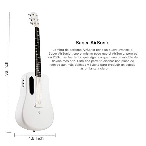 LAVA ME 2 Guitarra de fibra de carbon con efectos Guitarra Acústica Eléctrica de Viaje con bolsa Picks y Cable de carga (FreeBoost, Blanco, 36 Inch)