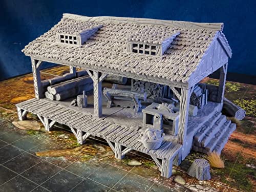Lavadero Medieval y Casa Medieval del Leñadora escala 28mm para Aldea Medieval y de Fantasía, Terreno DND 28mm para Dungeons and Dragons, D&D, Pathfinder, RPG, Juegos de mesa, 3D Vikings