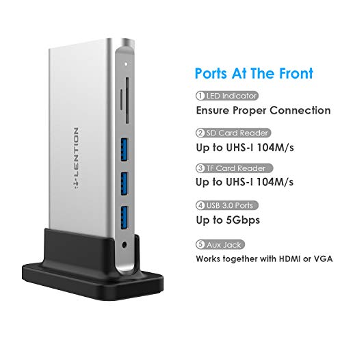 lention USB-C Docking Station con 4K HDMI & VGA de Pantalla Dual, Gigabit Ethernet, Lector de Tarjetas, Aux, 3 USB 3.0, Adaptador de Carga para MacBook Air/Pro (Thunderbolt 3), más (Plata)