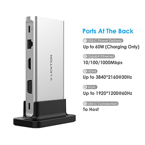 lention USB-C Docking Station con 4K HDMI & VGA de Pantalla Dual, Gigabit Ethernet, Lector de Tarjetas, Aux, 3 USB 3.0, Adaptador de Carga para MacBook Air/Pro (Thunderbolt 3), más (Plata)