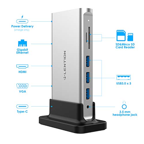 lention USB-C Docking Station con 4K HDMI & VGA de Pantalla Dual, Gigabit Ethernet, Lector de Tarjetas, Aux, 3 USB 3.0, Adaptador de Carga para MacBook Air/Pro (Thunderbolt 3), más (Plata)