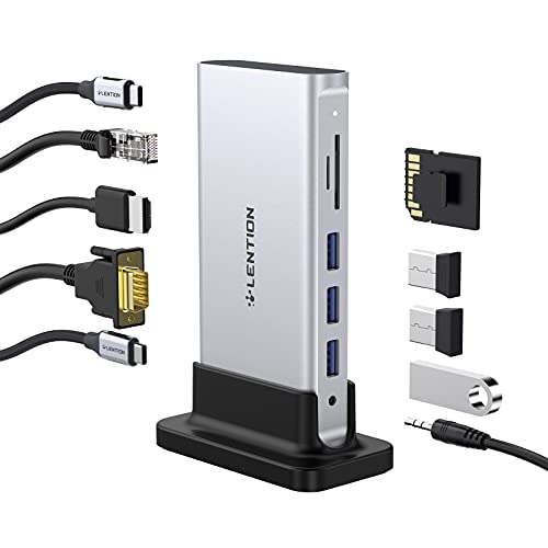 lention USB-C Docking Station con 4K HDMI & VGA de Pantalla Dual, Gigabit Ethernet, Lector de Tarjetas, Aux, 3 USB 3.0, Adaptador de Carga para MacBook Air/Pro (Thunderbolt 3), más (Plata)