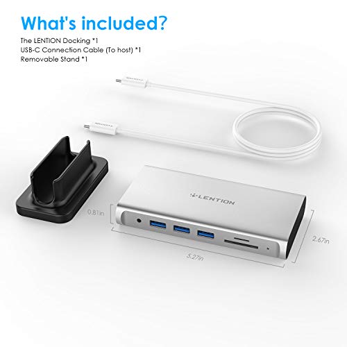 lention USB-C Docking Station con 4K HDMI & VGA de Pantalla Dual, Gigabit Ethernet, Lector de Tarjetas, Aux, 3 USB 3.0, Adaptador de Carga para MacBook Air/Pro (Thunderbolt 3), más (Plata)