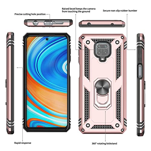 LeYi Funda para Xiaomi Redmi Note 9 Pro/Redmi Note 9S con 2 Piezas Vidrio Templado y 2 Piezas Protectores Lente Cámara,Armor Carcasa con 360 Anillo Soporte Hard PC y Silicona Antigolpes Case,Rosa