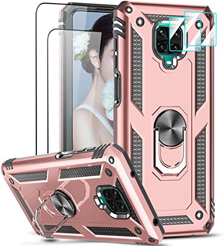 LeYi Funda para Xiaomi Redmi Note 9 Pro/Redmi Note 9S con 2 Piezas Vidrio Templado y 2 Piezas Protectores Lente Cámara,Armor Carcasa con 360 Anillo Soporte Hard PC y Silicona Antigolpes Case,Rosa