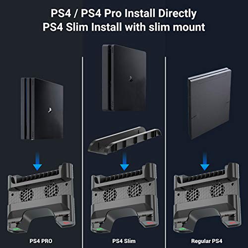 Likorlove Soporte Vertical con Ventilador de Refrigeración para PS4/PS4 Pro/PS4 Slim, Base para Playsation 4, Cargador de Controlador PS4 con LED Indicador y 10pcs Almacenamiento de Discos - Negro