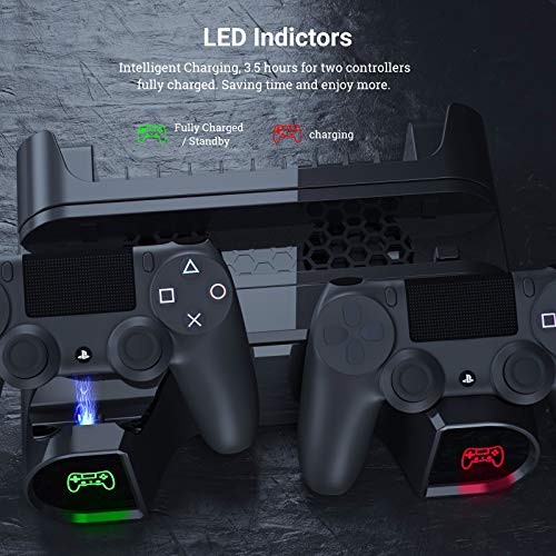 Likorlove Soporte Vertical con Ventilador de Refrigeración para PS4/PS4 Pro/PS4 Slim, Base para Playsation 4, Cargador de Controlador PS4 con LED Indicador y 10pcs Almacenamiento de Discos - Negro