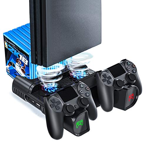 Likorlove Soporte Vertical con Ventilador de Refrigeración para PS4/PS4 Pro/PS4 Slim, Base para Playsation 4, Cargador de Controlador PS4 con LED Indicador y 10pcs Almacenamiento de Discos - Negro