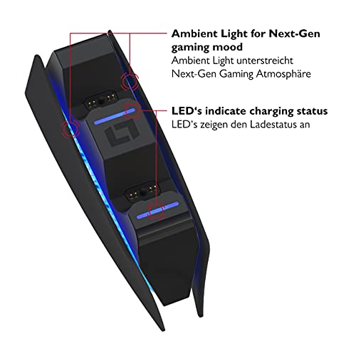 Lioncast Estación de carga para mando de PS5 con indicador LED, carga rápida, controlador PS5 para mando original de Sony PlayStation 5, accesorios para PS5, mando inalámbrico DualSense