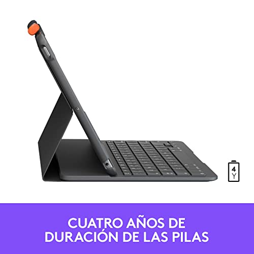 Logitech Slim Folio Funda con teclado inalámbrico integrado para iPad 7a generación, Model: A2197, A2200, A2198, A2270, A2428, A2429, A2430, Disposición QWERTY Español, Gris