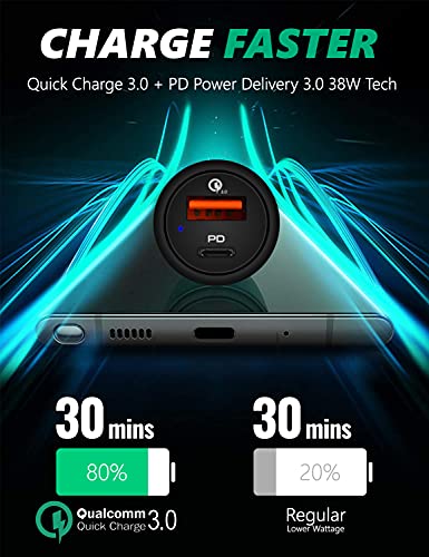 Magix Cargador de Coche de 38W, Puerto USB-A QC 3.0 (18W) + USB-C PD 3.0 (20W), Carga simultánea Quick Charge 3.0 y Power Delivery 3.0 (Negro)