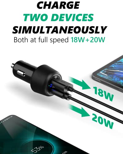 Magix Cargador de Coche de 38W, Puerto USB-A QC 3.0 (18W) + USB-C PD 3.0 (20W), Carga simultánea Quick Charge 3.0 y Power Delivery 3.0 (Negro)