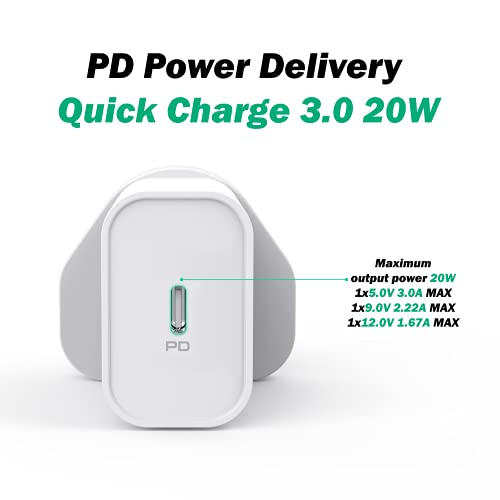Magix Cargador de Pared 20W PD Powe Delivery 3.0, AC 100-240V a CC 5V 9V 12V (para iPhone 12/12 Mini / 12 Pro / 12 Pro MAX / 11 Pro MAX / SE, AirPods Pro, iPad Pro, Galaxy-White)(Blanco)(Enchufe UK)