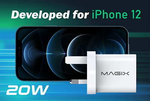 Magix Cargador de Pared 20W PD Powe Delivery 3.0, AC 100-240V a CC 5V 9V 12V (para iPhone 12/12 Mini / 12 Pro / 12 Pro MAX / 11 Pro MAX / SE, AirPods Pro, iPad Pro, Galaxy-White)(Blanco)(Enchufe UK)