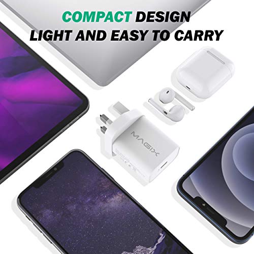 Magix Cargador de Pared 20W PD Powe Delivery 3.0, AC 100-240V a CC 5V 9V 12V (para iPhone 12/12 Mini / 12 Pro / 12 Pro MAX / 11 Pro MAX / SE, AirPods Pro, iPad Pro, Galaxy-White)(Blanco)(Enchufe UK)