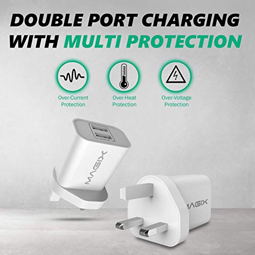 MAGIX Cargador de Pared USB Dual, (5V-2.4A + 5V-1.0A) Salida máxima 5V-3.4A 17W Carga rápida (Enchufe UK)(Blanco)