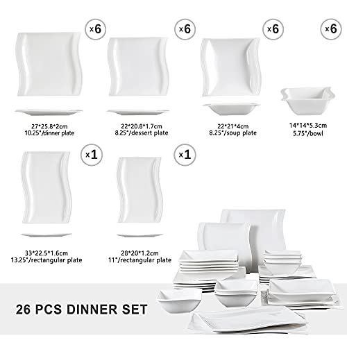 MALACASA serie Flora, 26 Piezas Vajillas de Porcelana Blanca, 6 Plato de Cena 6 Placa de Postre 6 Plato de Sopa 6 Tazónes 1 Placa Rectangular Grande 1 Placa Rectangular