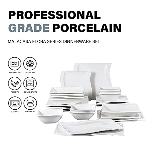 MALACASA serie Flora, 26 Piezas Vajillas de Porcelana Blanca, 6 Plato de Cena 6 Placa de Postre 6 Plato de Sopa 6 Tazónes 1 Placa Rectangular Grande 1 Placa Rectangular