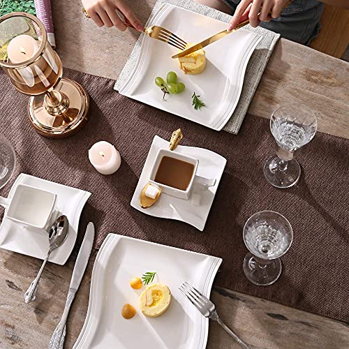 MALACASA serie Flora, 26 Piezas Vajillas de Porcelana Blanca, 6 Plato de Cena 6 Placa de Postre 6 Plato de Sopa 6 Tazónes 1 Placa Rectangular Grande 1 Placa Rectangular