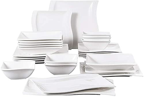 MALACASA serie Flora, 26 Piezas Vajillas de Porcelana Blanca, 6 Plato de Cena 6 Placa de Postre 6 Plato de Sopa 6 Tazónes 1 Placa Rectangular Grande 1 Placa Rectangular