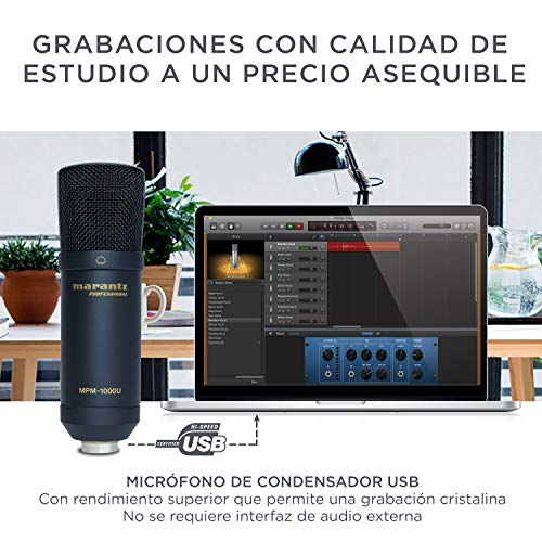 Marantz Professional MPM-1000U - Micrófono de Condensador USB con Tarjeta de Sonido incorporada para Grabar, emitir pódcasts, Hacer Streaming y retransmitir Videojuegos, Negro