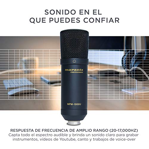 Marantz Professional MPM-1000U - Micrófono de Condensador USB con Tarjeta de Sonido incorporada para Grabar, emitir pódcasts, Hacer Streaming y retransmitir Videojuegos, Negro