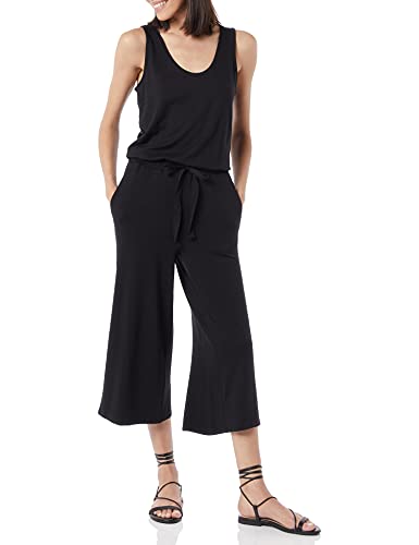 Marca Amazon - Daily Ritual: Mono sin mangas de algodón terry y pierna ancha para mujer., Negro, US S (EU S - M)